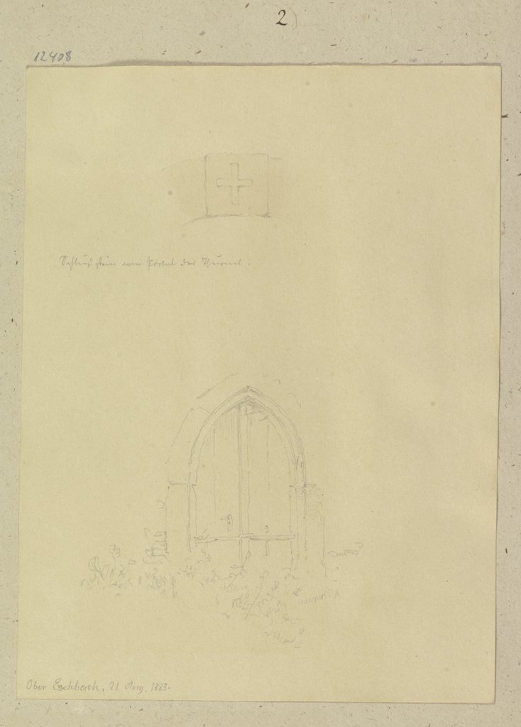 Schlußstein mit Kreuzsymbol am Portal eines Kirchturms in Ober-Eschbach, darunter ein Portal, Carl Theodor Reiffenstein