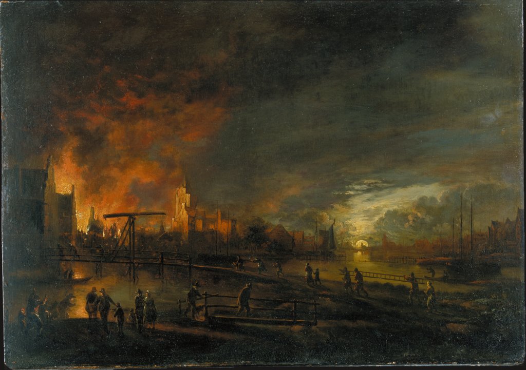 Nächtliche Feuersbrunst in einer holländischen Stadt, Art des Aert van der Neer