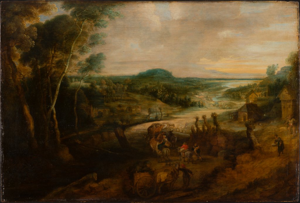 Flusslandschaft mit Bauern auf dem Weg zum Markt, Lucas van Uden