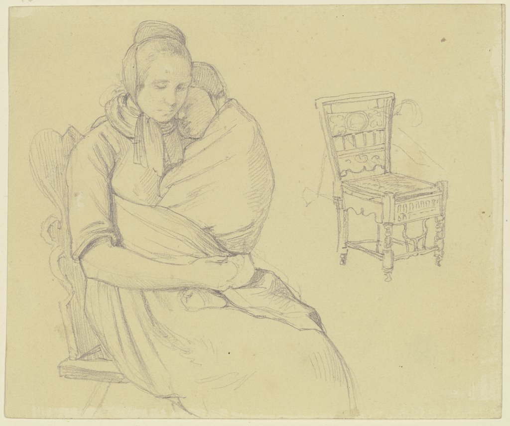 Studienblatt: Bäuerin mit Kind; Kunstvoll geschnitzter Stuhl, Jakob Becker
