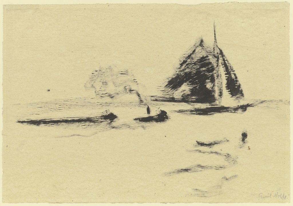 Schleppdampfer mit Kahn und großem Segelboot, Emil Nolde