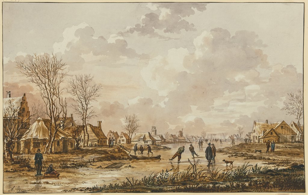 Winterlandschaft, auf einem gefrorenem Fluss bei einem Städtchen Schhlittschuhläufer, Andries Vermeulen, nach Aert van der Neer