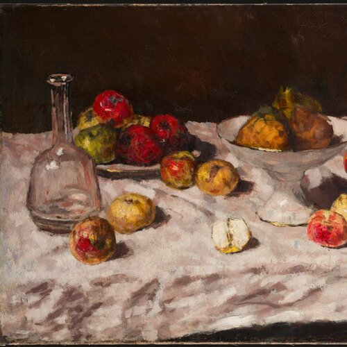 Äpfel auf Weiß, mit halbem Apfel, Carl Schuch