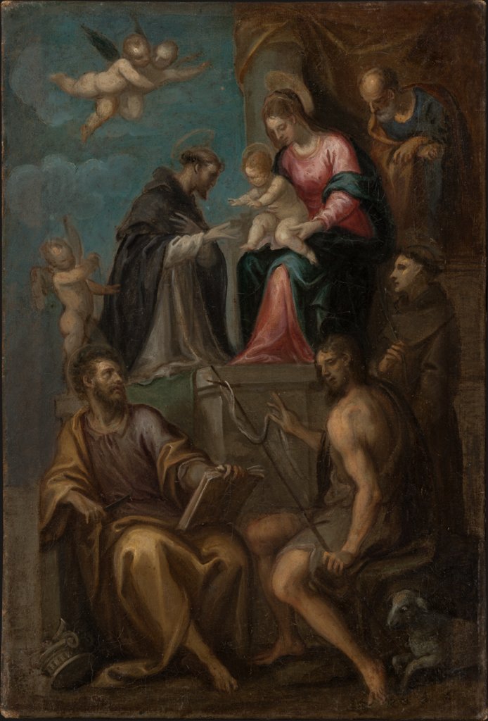 Madonna and Child Enthroned, with SS. Joseph, Domenic, Bartholomew, John the Baptist and Francis, Italian Master second half of the 16th century