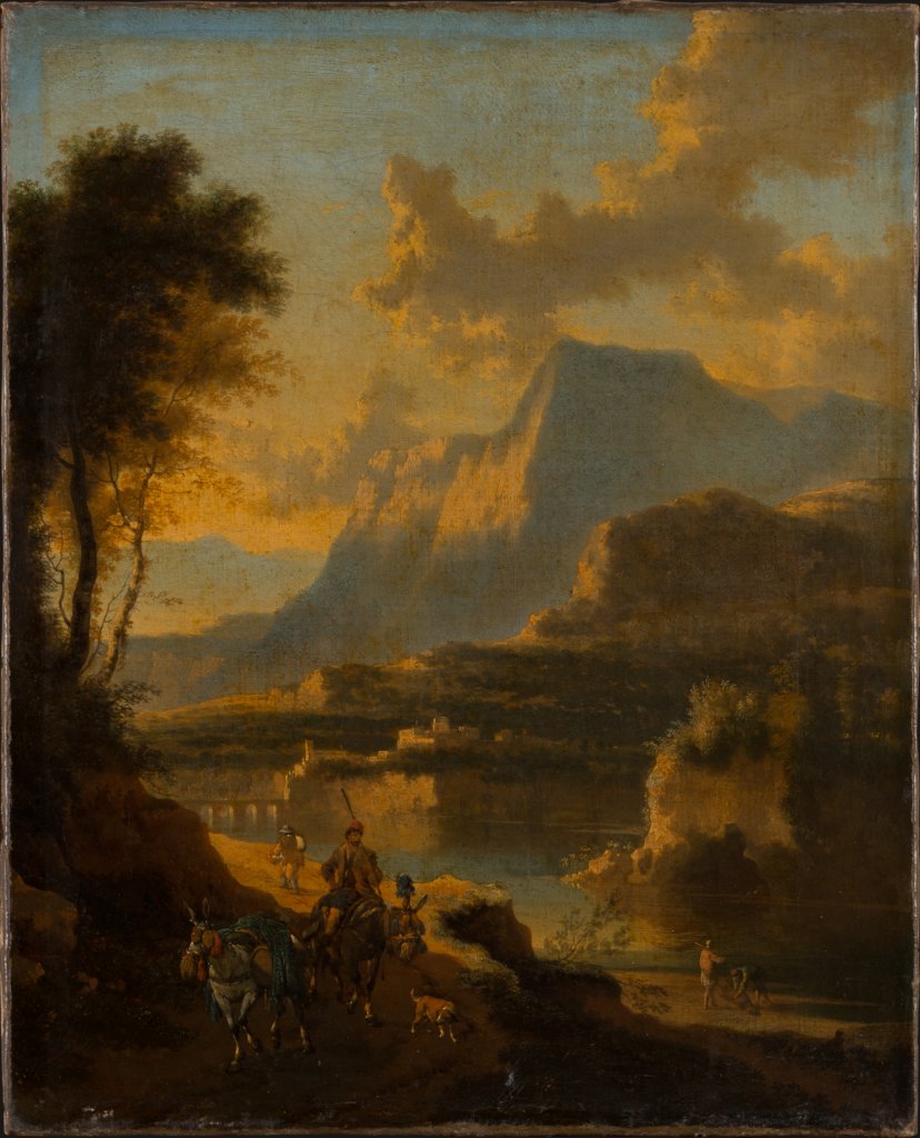 Mountainous Landscape with Rider at Sunset, Jan Hackaert, Johannes Lingelbach