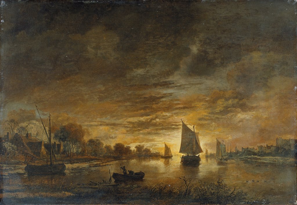 River Landscape with Ships at Moonrise, Aert van der Neer