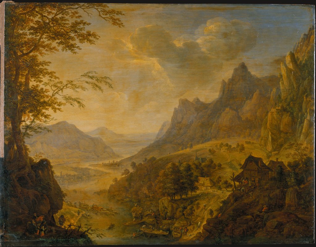 Gebirgige Landschaft an einem Fluss, im Vordergrund ein Dorf und mehrere am Ufer liegende Kähne, Herman Saftleven III