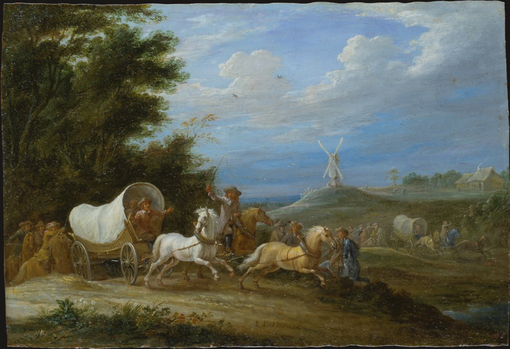 Landscape with the Attack on a Covered Wagon by a Group of Riders, Lambert de Hondt the Elder