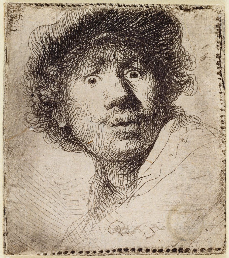 Self-Portrait in a cap, wide-eyed and open-mouthed, Rembrandt Harmensz. van Rijn