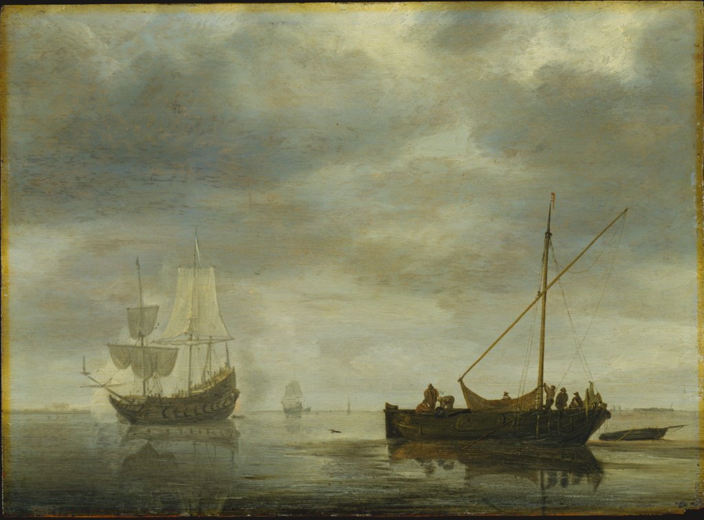 Single-Master and Frigate Firing Salute on a Calm Sea, Simon de Vlieger