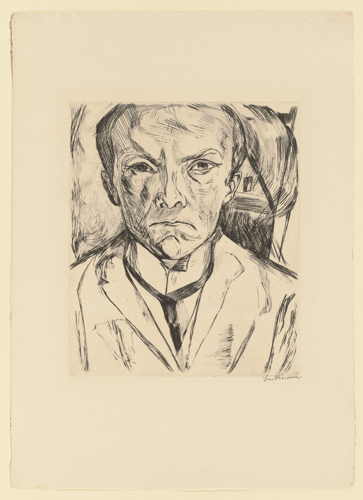 Selbstbildnis von vorn, im Hintergrund Hausgiebel, Max Beckmann