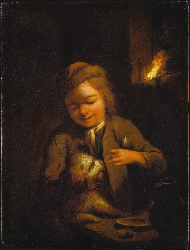 Boy Teasing a Dog: Nightscene Lit by Pinewood Torch, Johann Conrad Seekatz