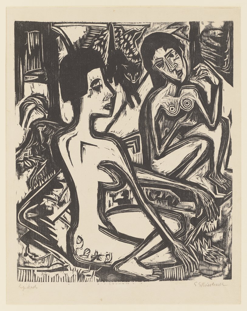 Zwei nackte Frauen im Wald mit Katze, Ernst Ludwig Kirchner