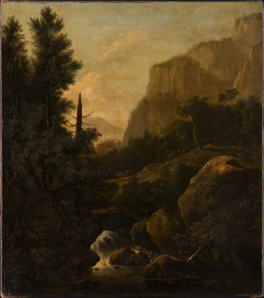 Mountain Landscape with Deer Hunt at a Waterfall, Frederik de Moucheron, Adriaen van de Velde