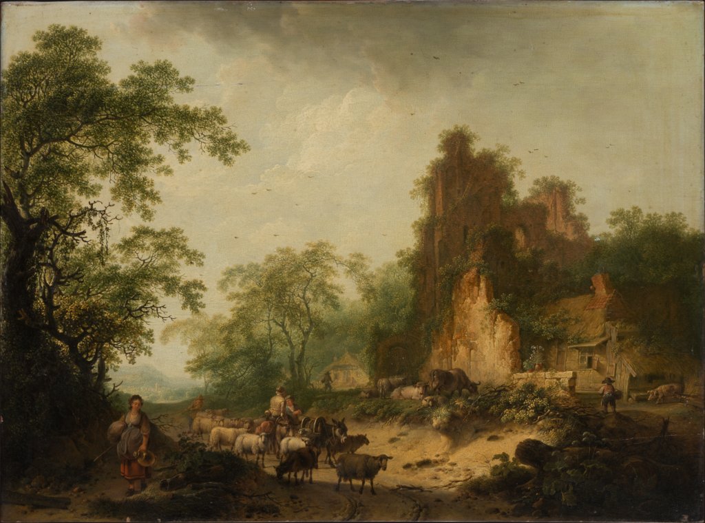 Landschaft mit Schafherde vor einem Bauernhaus in einer Ruine, Hendrik Meyer