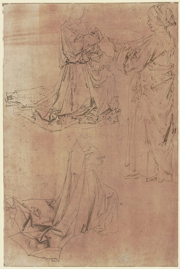 Zwei Studien zu einem Verkündigungsengel und eine stehende Frau mit Schüssel, Master of the Drapery Studies;  workshop