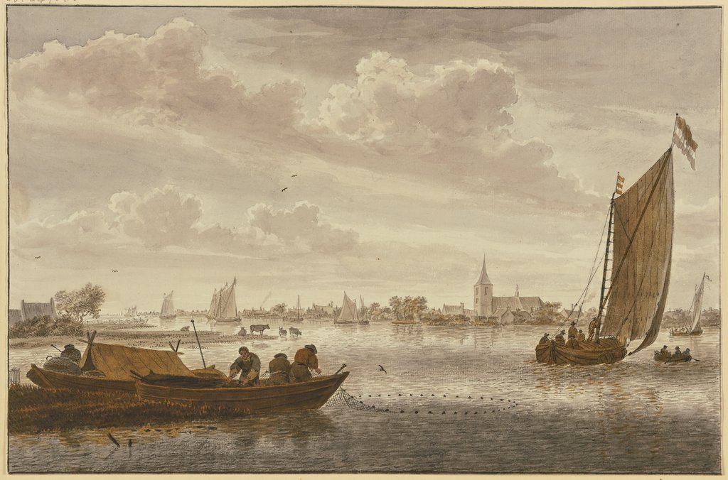 Ein Fluss, belebt mit Schiffen und Schiffern, dabei ein Städtchen, Cornelis van Noorde, after Jan van Goyen