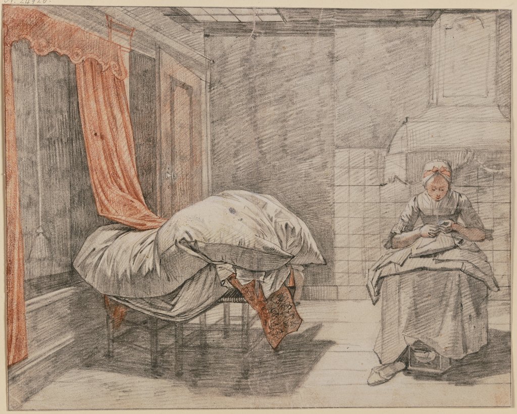 In einem Zimmer rechts eine Näherin, links ein zum Durchlüften aufgelegtes Bett, Jan Gerard Waldorp, after Pieter de Hooch