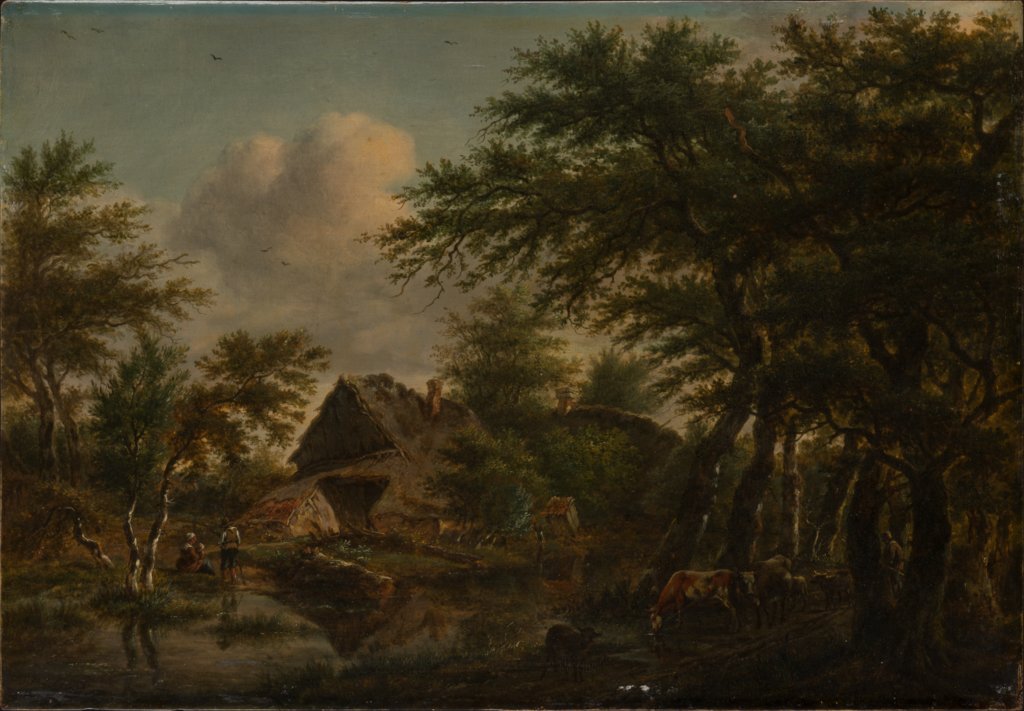 Landschaft mit Gehöft unter Bäumen, Jan Hulswit