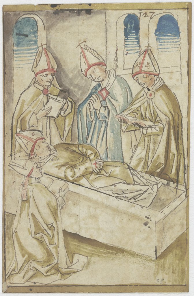 Vier Geistliche, betend um einen Sarg stehend (Der Tod des Heiligen Ulrich), German, 15th century