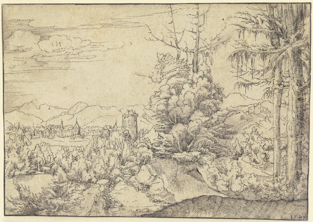 Altdorfers Landschaft mit zwei Fichten, Albrecht Altdorfer;  circle, after Albrecht Altdorfer