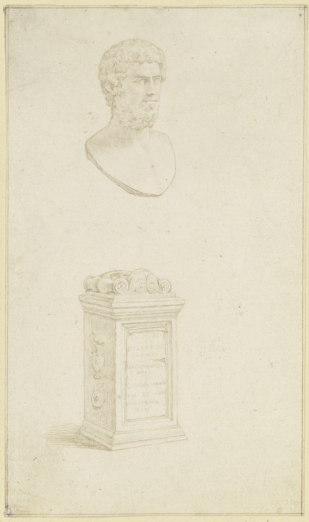 Studie nach einem bärtigen antiken Männerkopf, darunter ein Altar mit lateinischer Inschrift, Wenceslaus Hollar;   ?