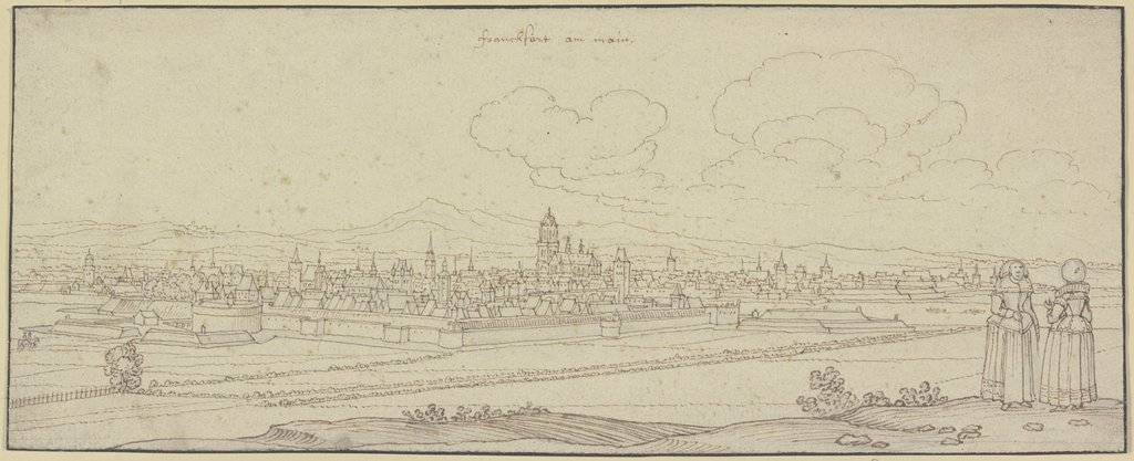 Frankfurt am Main von der Südseite gesehen, rechts im Vordergrund zwei Damen, Wenceslaus Hollar