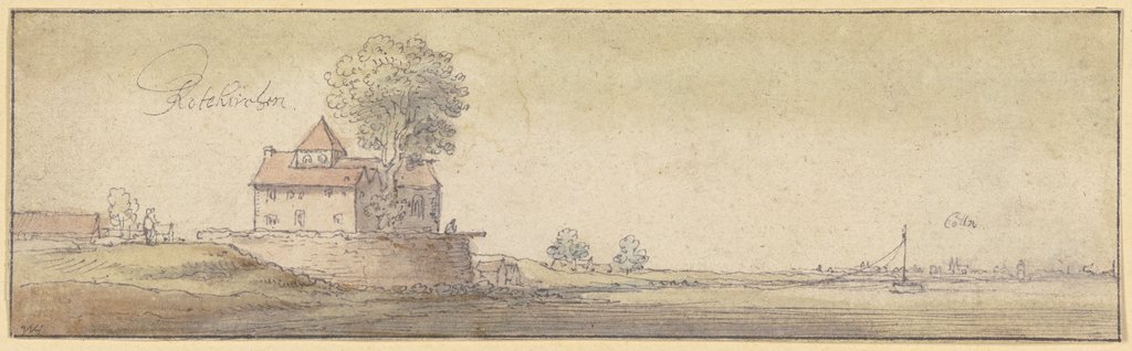 Ein Kirchlein unter einem Baum bei Rodenkirchen am Rhein, in der Ferne die Stadtsilhouette von Köln, Wenceslaus Hollar