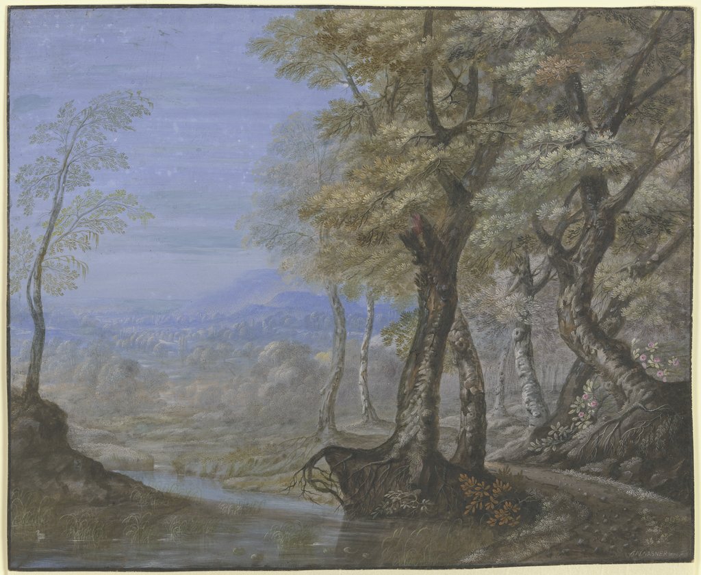 Sommerlandschaft mit Durchblick durch einen Buchenwald, Johann Nikolaus Gassner