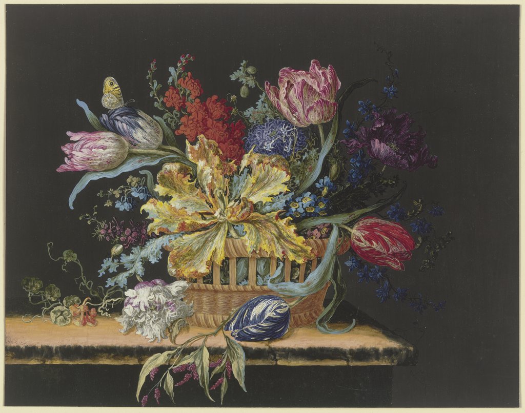 Blumenkorb mit Tulpen, Levkojen, Rittersporn und anderen Blumen auf einem Tisch, German, 18th century, Barbara Regina Dietzsch