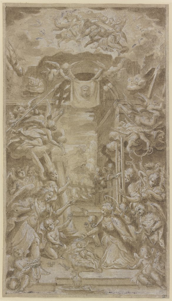 Geburt Christi, umgeben von einem Kranz von Engeln, die die Symbole der Passion tragen, im Bogenscheitel halten zwei Engel das Schweißtuch der Veronika, German, 17th century