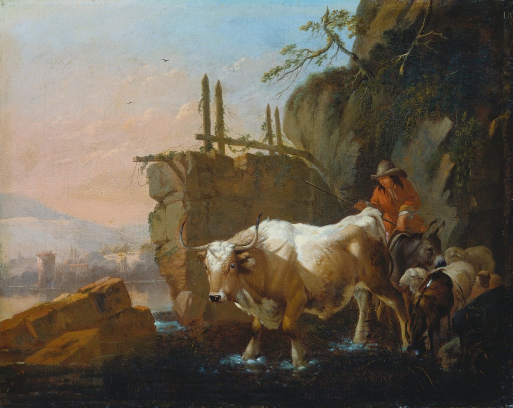 Herdsmen Driving Cattle through a Ford, Johann Heinrich Roos