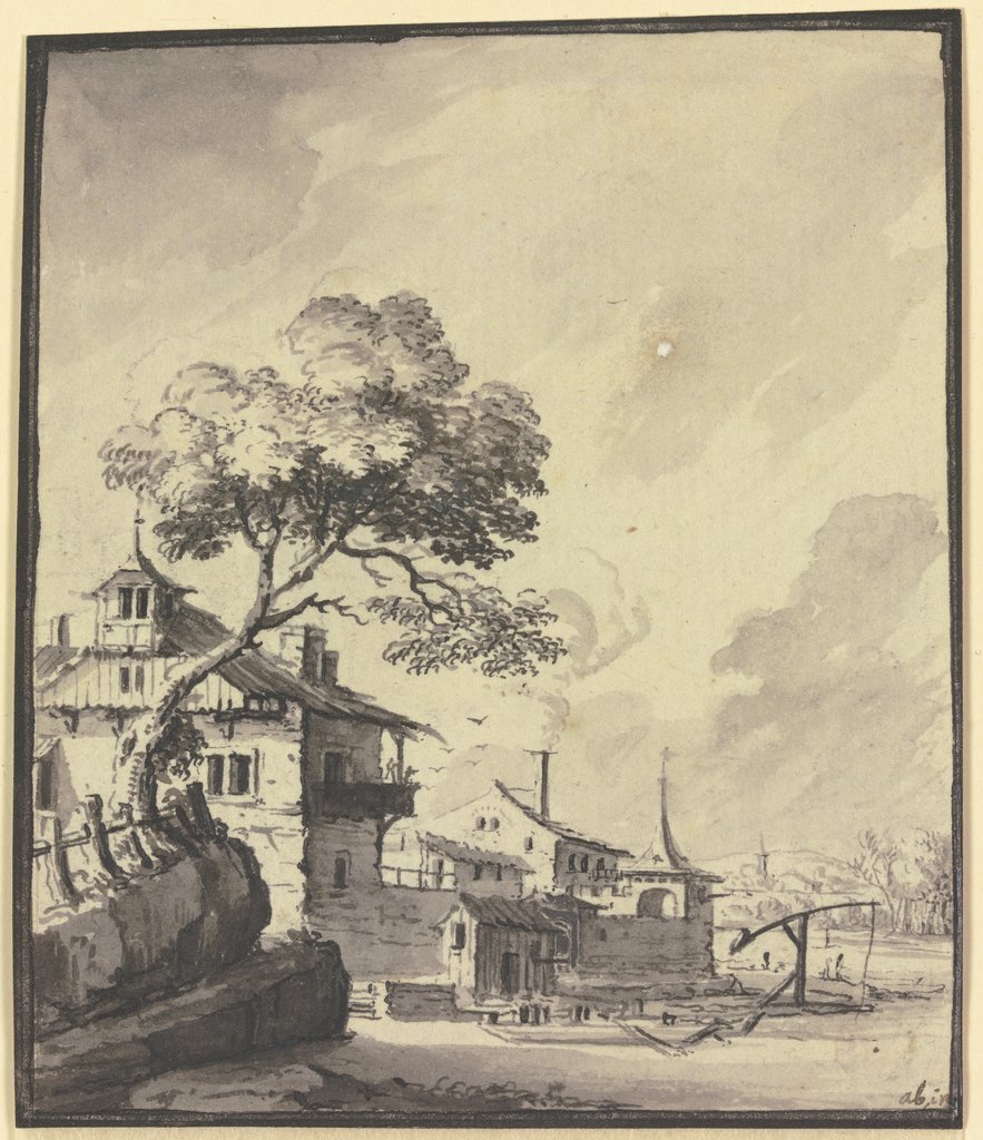 Building at a river, Johann Ludwig Aberli