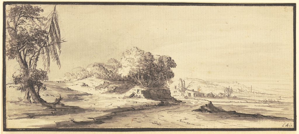 Weite, hügelige Landschaft mit einer Straße, Johann Ludwig Aberli