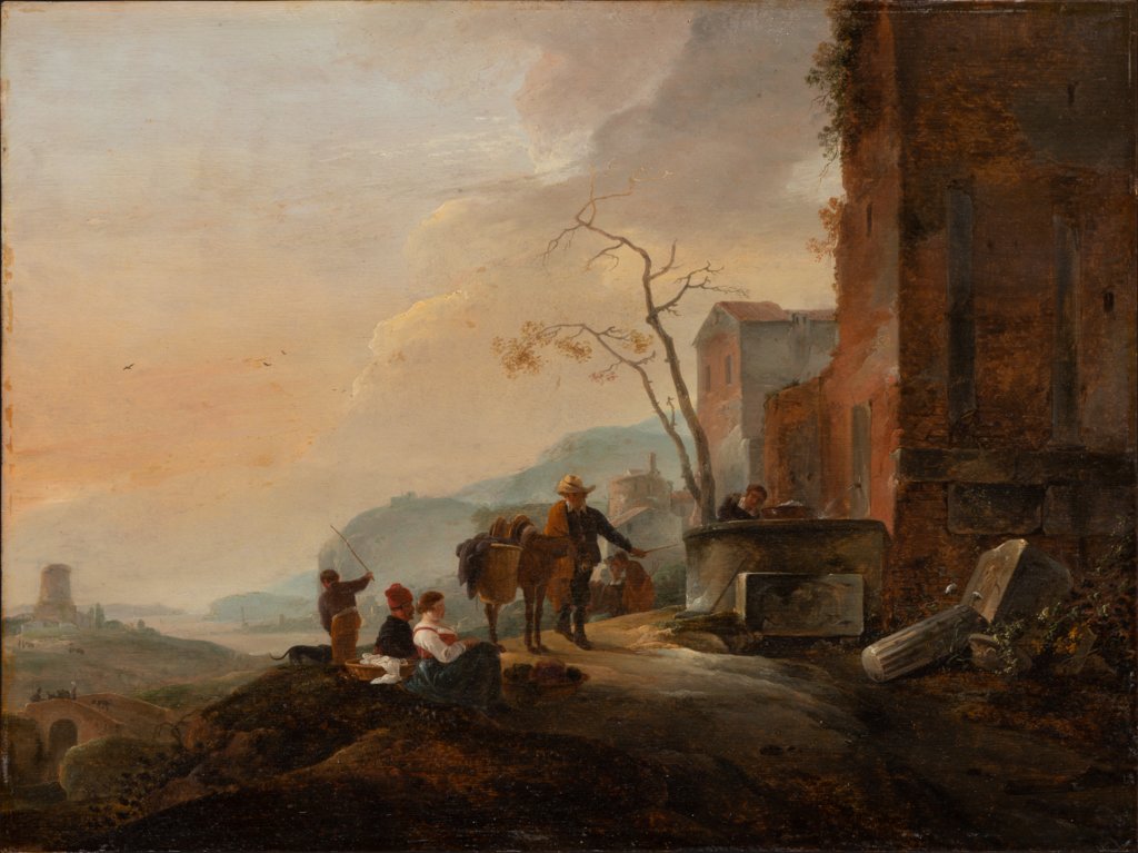 Italienische Landschaft mit Figuren an einem Brunnen bei antiken Ruinen, Thomas Wijck