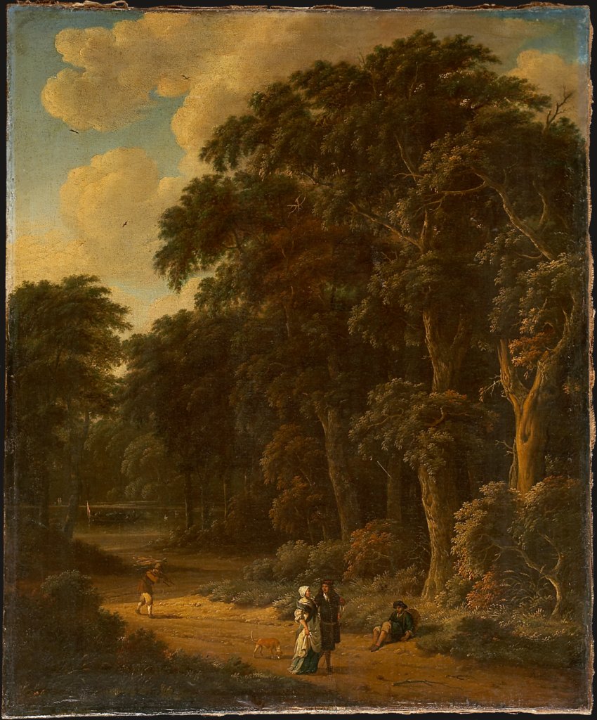 Forest Landscape with Forest Workers and People Strolling, Salomon Rombouts, Johannes Lingelbach