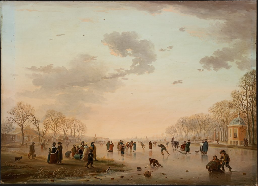 Winter Landscape with Ice Skaters on a River, Andries Vermeulen