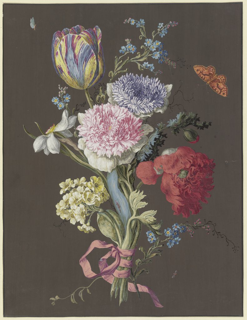 Blumengebinde aus Anemonen (Anemona), Tulpe (Tulipa), Mohn(Papaver), Narzisse (Narcissus) und Aurikel (Primula auricula) mit braunem Schmetterling, Unknown, 18th century