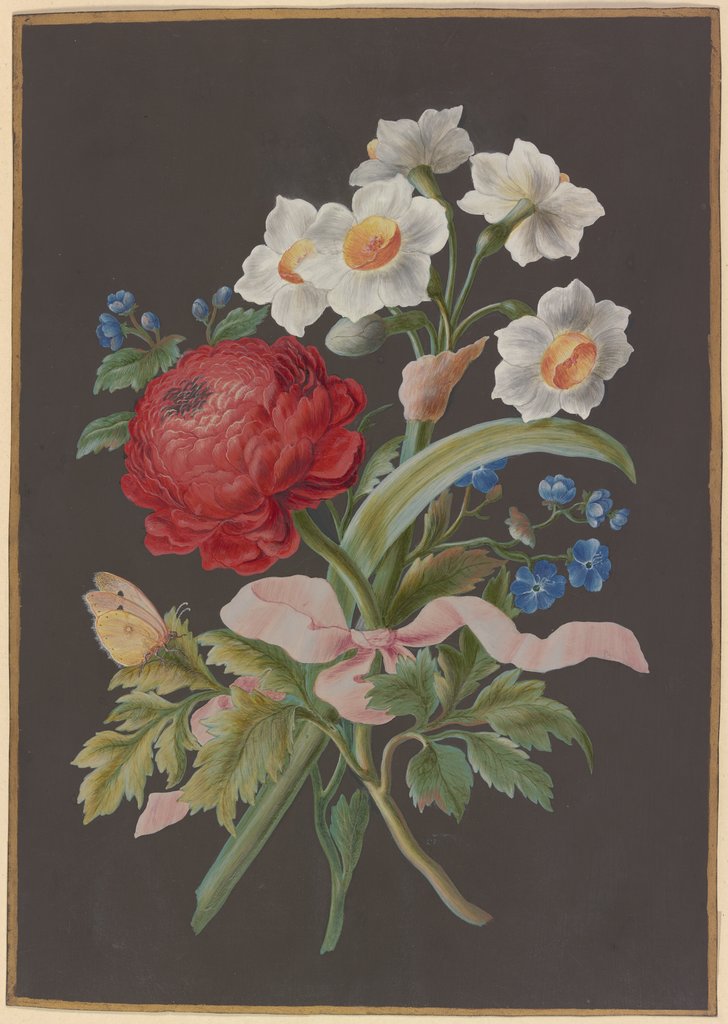 Blumengebinde mit roter Ranunkel (Ranunculus), weißer Tazette (Narcissus tazetta) und blauer Blume (?) mit Postillon, Unbekannter Künstler