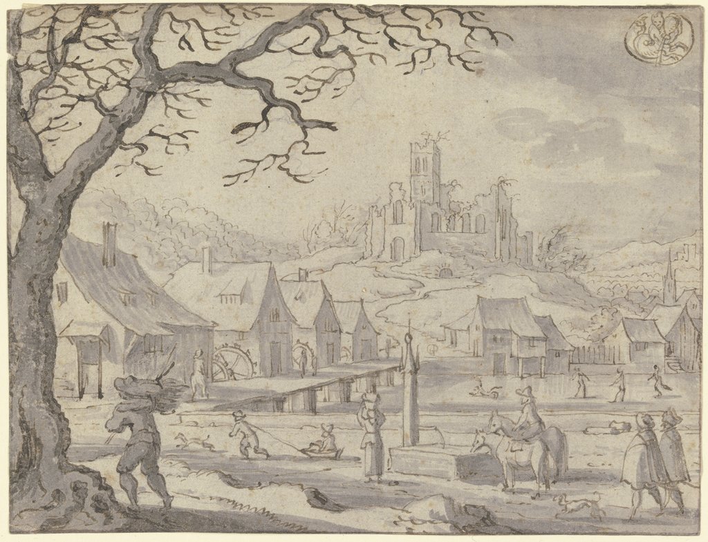 Monatsbild Januar, oben rechts das Zeichen des Wassermanns, Matthäus Merian the Elder