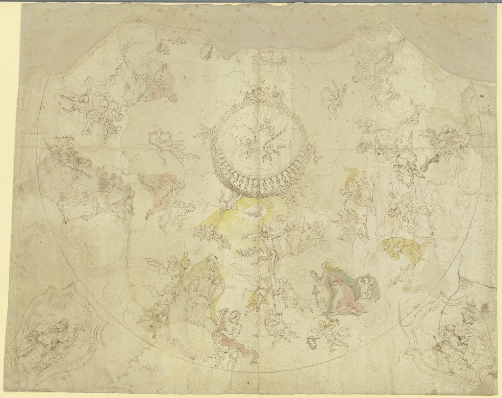 Dreieinigkeit, Maria und Heiligen auf Wolken und Szenen aus Heiligenlegenden, in zwei Eckzwickeln die Heiligen Ambrosius und Augustinus, Daniel Gran