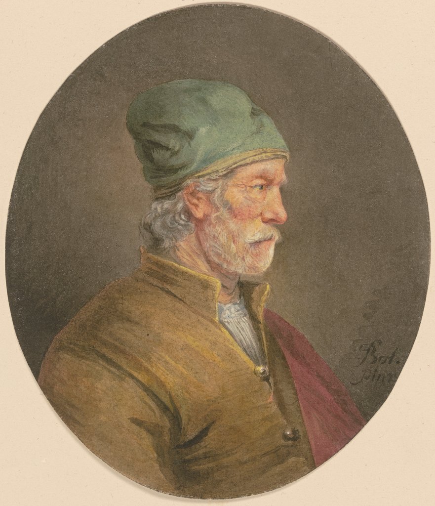 Alter Mann mit weißem Schnurrbart, grüner Mütze und gelbem Wams im Profil nach rechts, Unknown, 17th century, after Ferdinand Bol