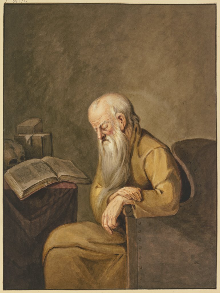 Ein Greis mit langem Bart ist beim Lesen in seinem Stuhl eingeschlafen, Leffer, after Gerrit Dou