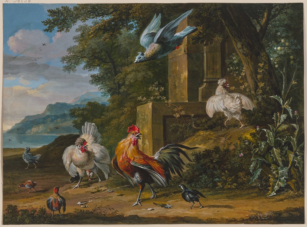 Cock and two hens with their young attacked by a bird of prey, Dirck Dalens III, after Melchior de Hondecoeter