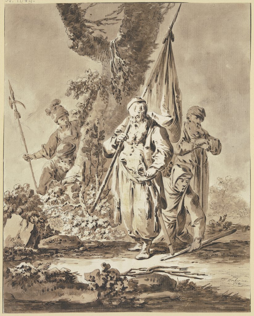 Ein alter Mann mit Fahne und Degen sowie zwei weitere Figuren, allesamt den Blick zu Boden gesenkt, beobachtet von zwei hinter einem Baum versteckten Gestalten (in der Manier der Scherzi des Giambattista Tiepolo), Tiberius Dominikus Wocher