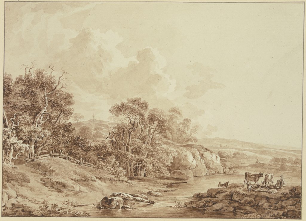 Mittelgebirgslandschaft mit Bach, rechts Viehherde, Heinrich Wüest