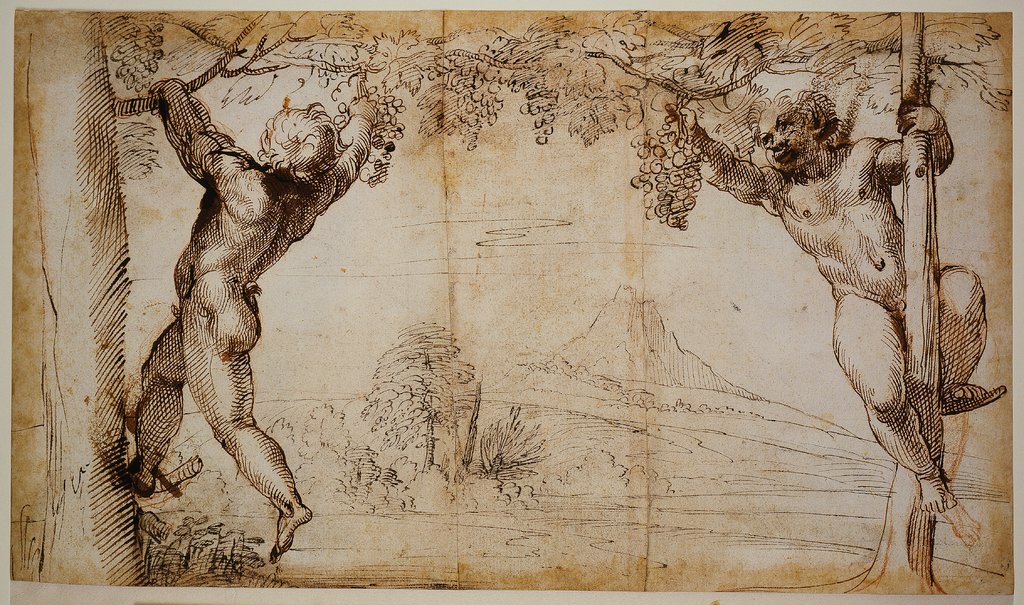 Zwei Satyrknaben, Weintrauben pflückend, Annibale Carracci;   zugeschrieben