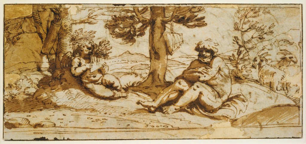 Flute-playing cupid and Silenus in an arcadian landscape, Annibale Carracci