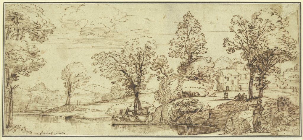 Flusslandschaft mit Männern auf einem Kahn, zwei Frauen am Ufer rechts, im Hintergrund einige Gebäude, Agostino Carracci;   zugeschrieben