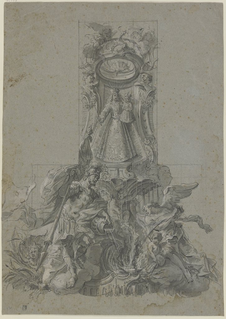 Madonna unter einem Baldachin, über einer Brunnenschale stehend, im Vordergrund der Heilige Florian und ein Engel, ein Feuer löschend, southern German, 18th century